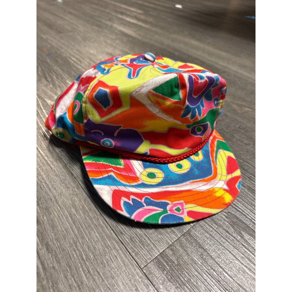 Vintage Nissin Snapback Hat Abstract Multi Color Geometric Rope Cap Retro 90s